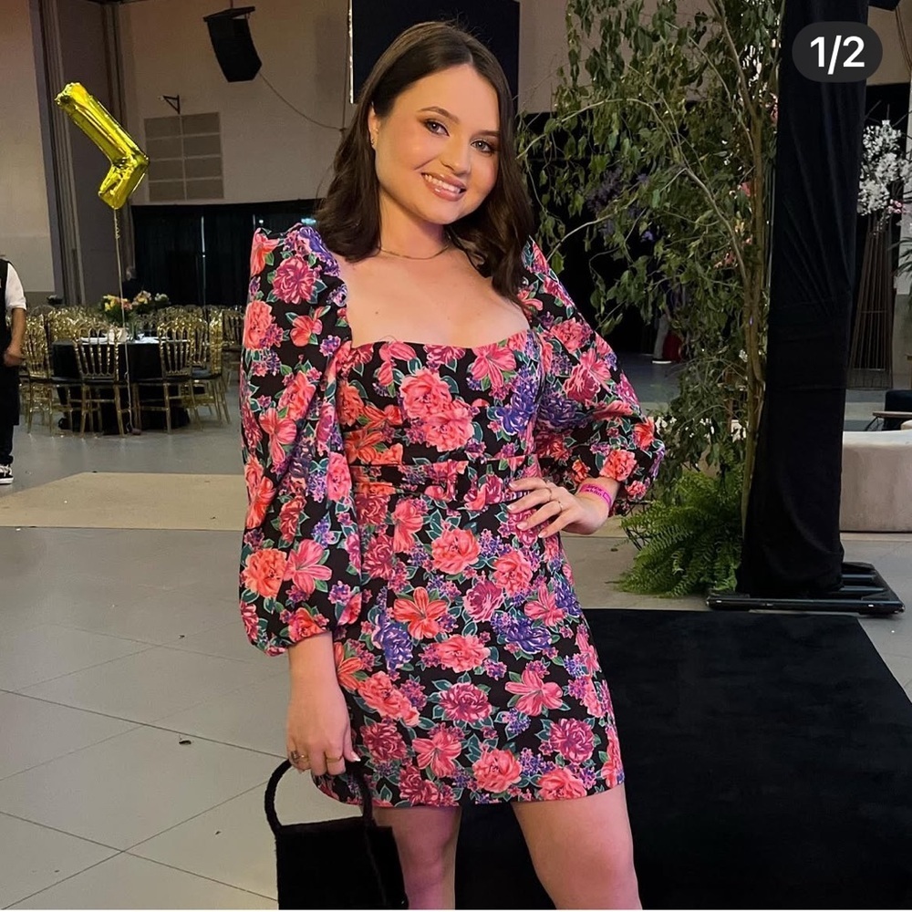 NWT Zara Floral Belted Pink Purple Puff Sleeve Mini Dress Zinnia Cottagecore XS. - Picture 15 of 16